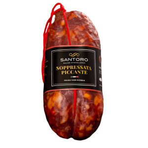 soppressata piccante Santoro intero con etichetta in posizione frontale