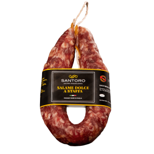 Whole Santoro sweet stirrup Salami with front positioned label