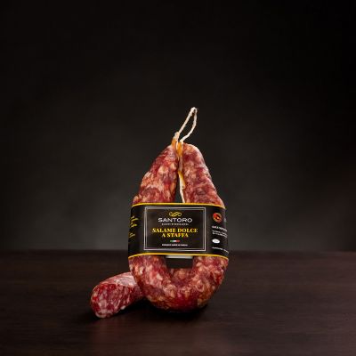 Whole and sliced piece of Santoro sweet stirred Salami