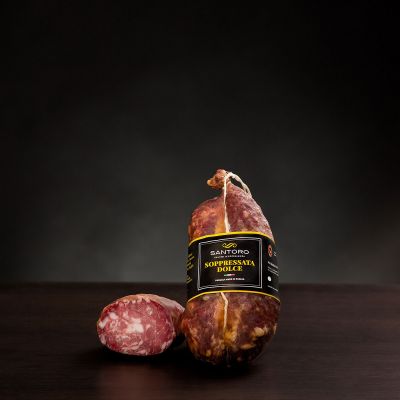 Whole and sliced piece of Santoro sweet Soprressata