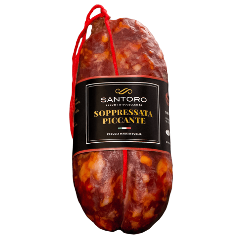 Whole Santoro spicy Soppressata with front positioned label