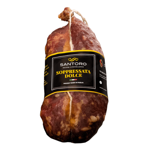 Whole Santoro sweet Soppressata with front positioned label