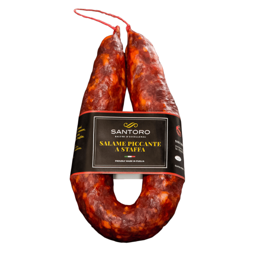 Whole Santoro spicy stirrup Salami with front positioned label