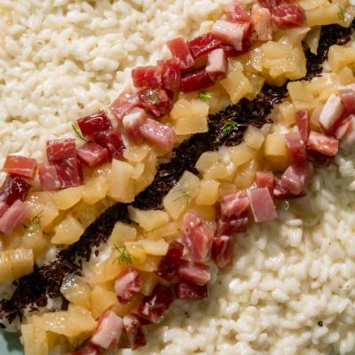 risotto capocollo, pere e cioccolato